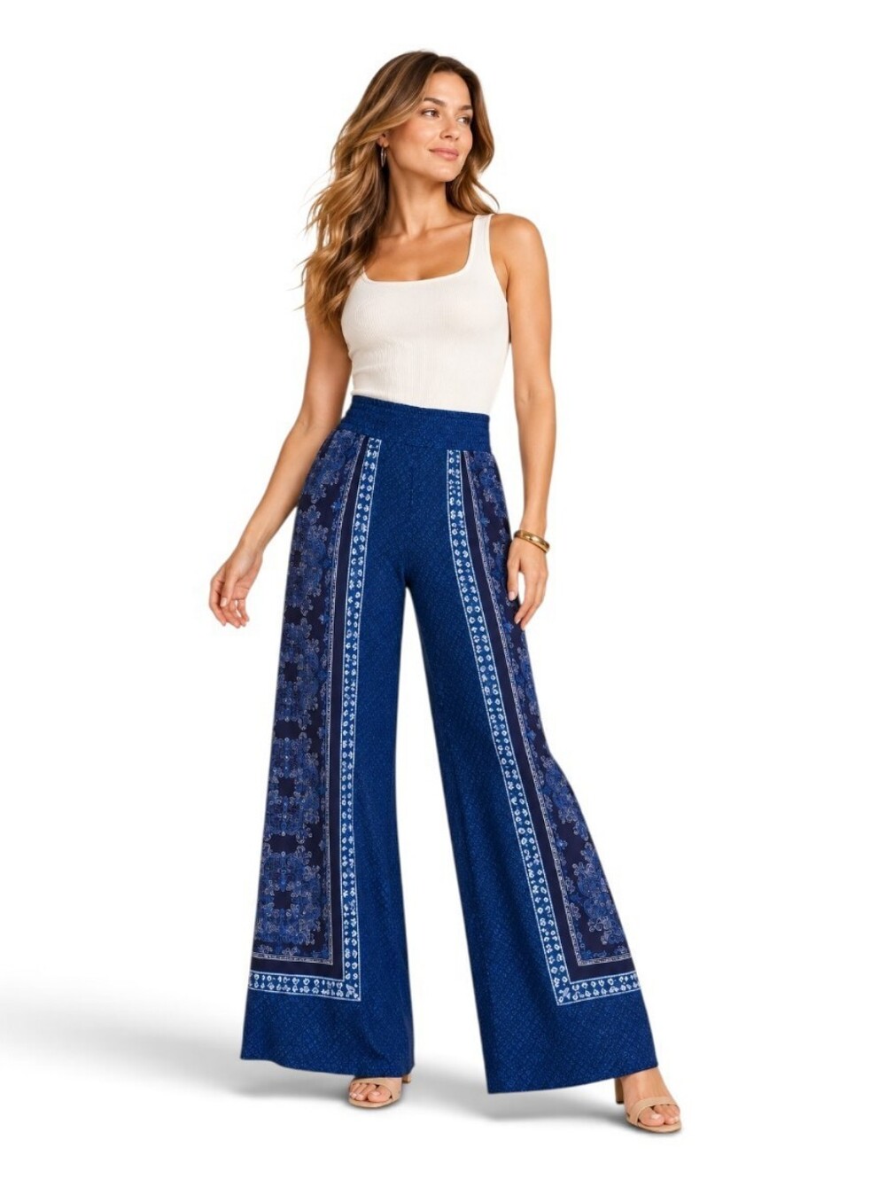 Caché Blue Bandana Paisley Wide Leg Palazzo Pants Size 6 Y2K Boho